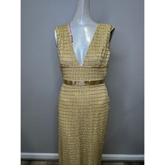 MAC DUGGAL Gold Beaded Cap Sleeve V Neck Column Gown In Gold US 2 $598 - Picture 5 of 10